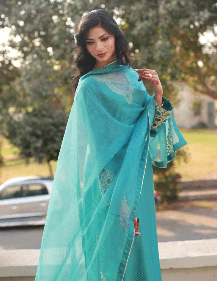 Teal Radiance – 3-Piece Raw Silk and Organza