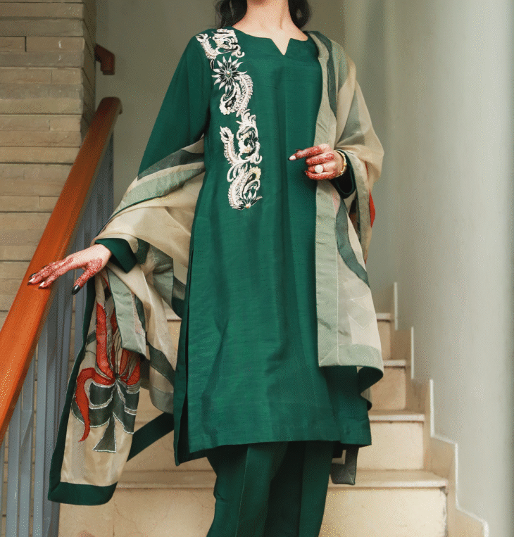 3-Piece Emerald Bloom – Premium Raw Silk & Embroidered Organza