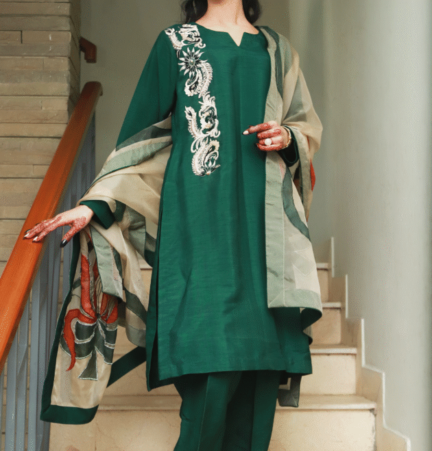 3-Piece Emerald Bloom – Premium Raw Silk & Embroidered Organza