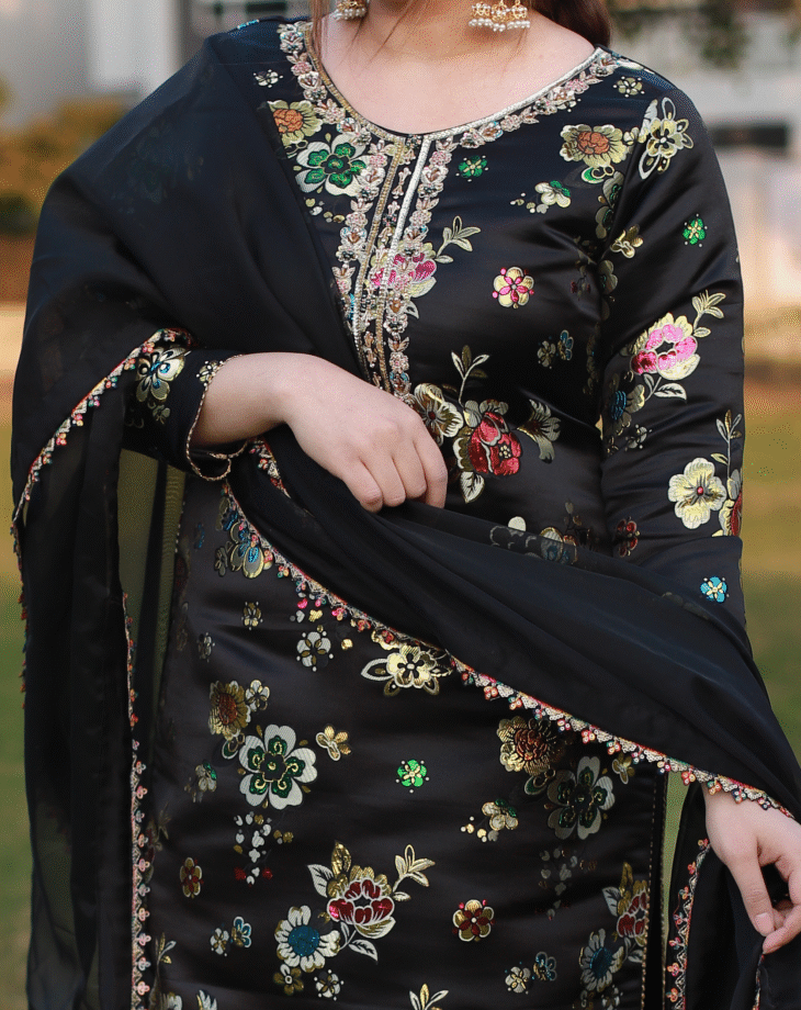 3-Piece Black Metallic Floral Embroidered Long Shirt Suit with Net Dupatta - Image 2
