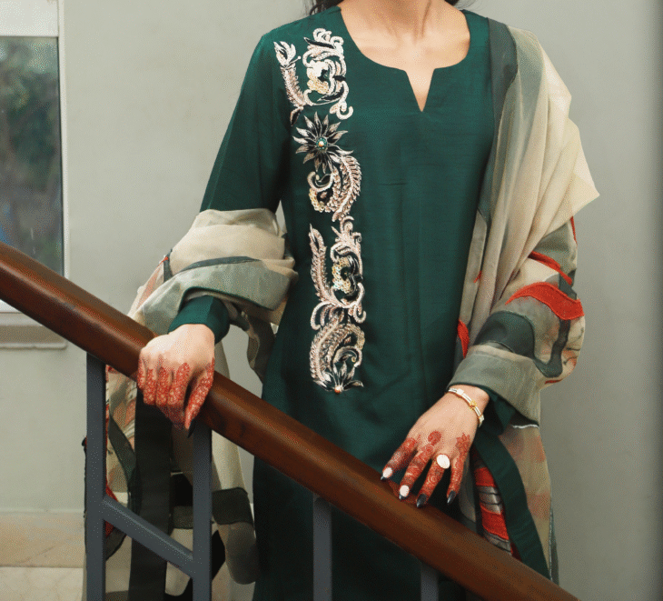 3-Piece Emerald Bloom – Premium Raw Silk & Embroidered Organza - Image 3