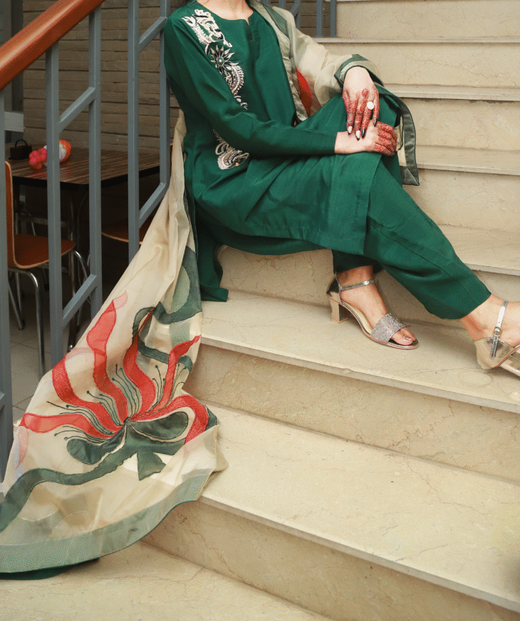 3-Piece Emerald Bloom – Premium Raw Silk & Embroidered Organza - Image 4
