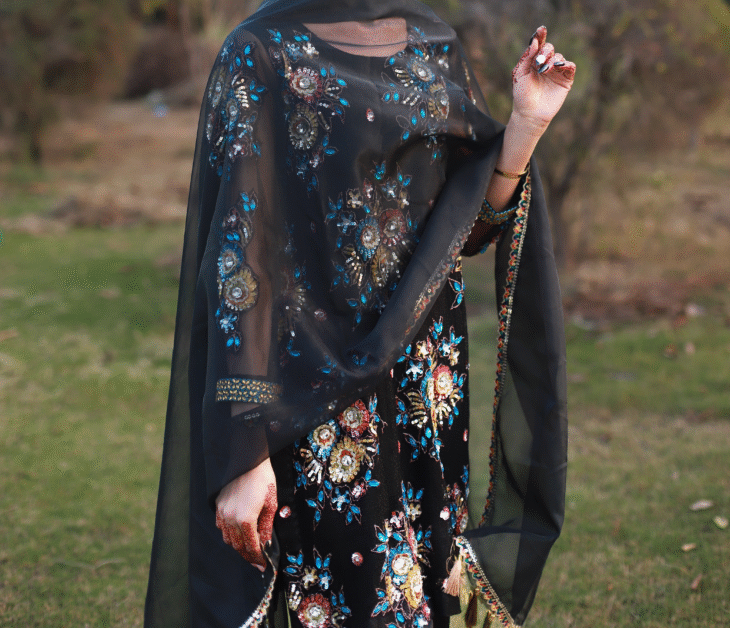 3-Piece Black Floral Embroidered Chiffon Suit with Tassel Dupatta - Image 4