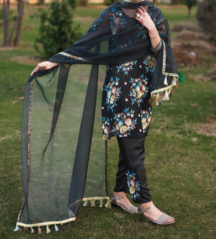 3-Piece Black Floral Embroidered Chiffon Suit with Tassel Dupatta - Image 3
