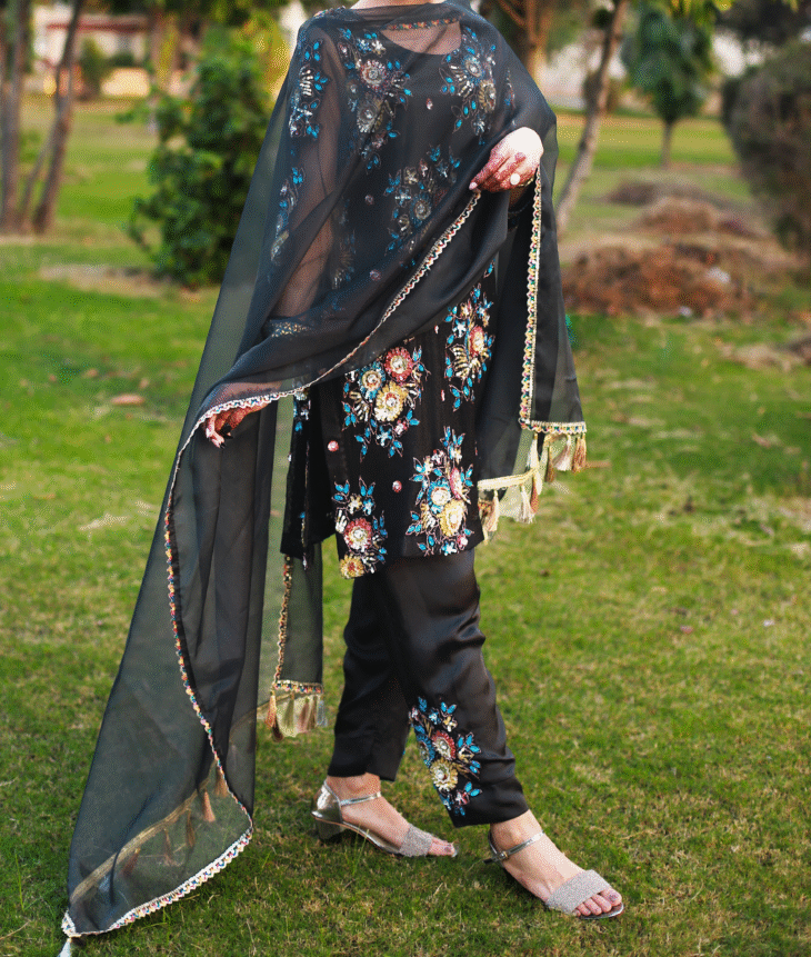 3-Piece Black Floral Embroidered Chiffon Suit with Tassel Dupatta - Image 2