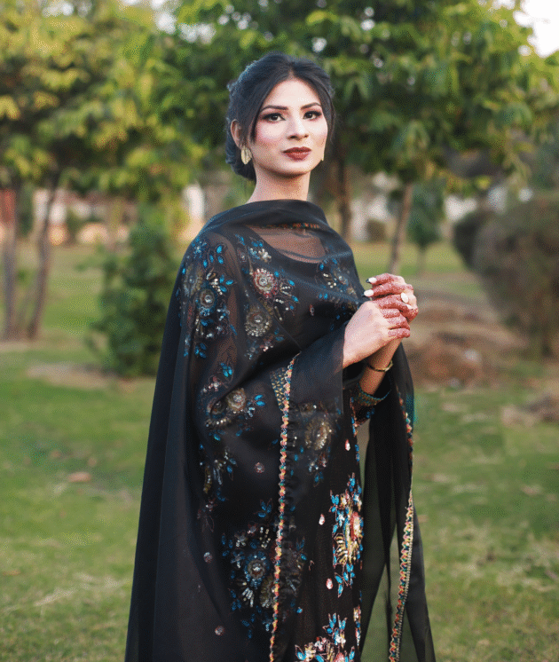 3-Piece Black Floral Embroidered Chiffon Suit with Tassel Dupatta