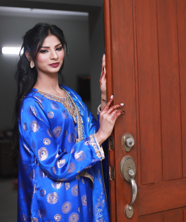 3-Piece Royal Blue Silk Embroidered Kaftan Set - Image 2