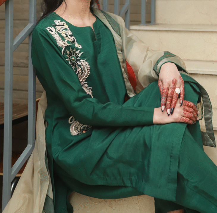 3-Piece Emerald Bloom – Premium Raw Silk & Embroidered Organza - Image 2