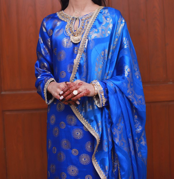 3-Piece Royal Blue Silk Embroidered Kaftan Set - Image 3